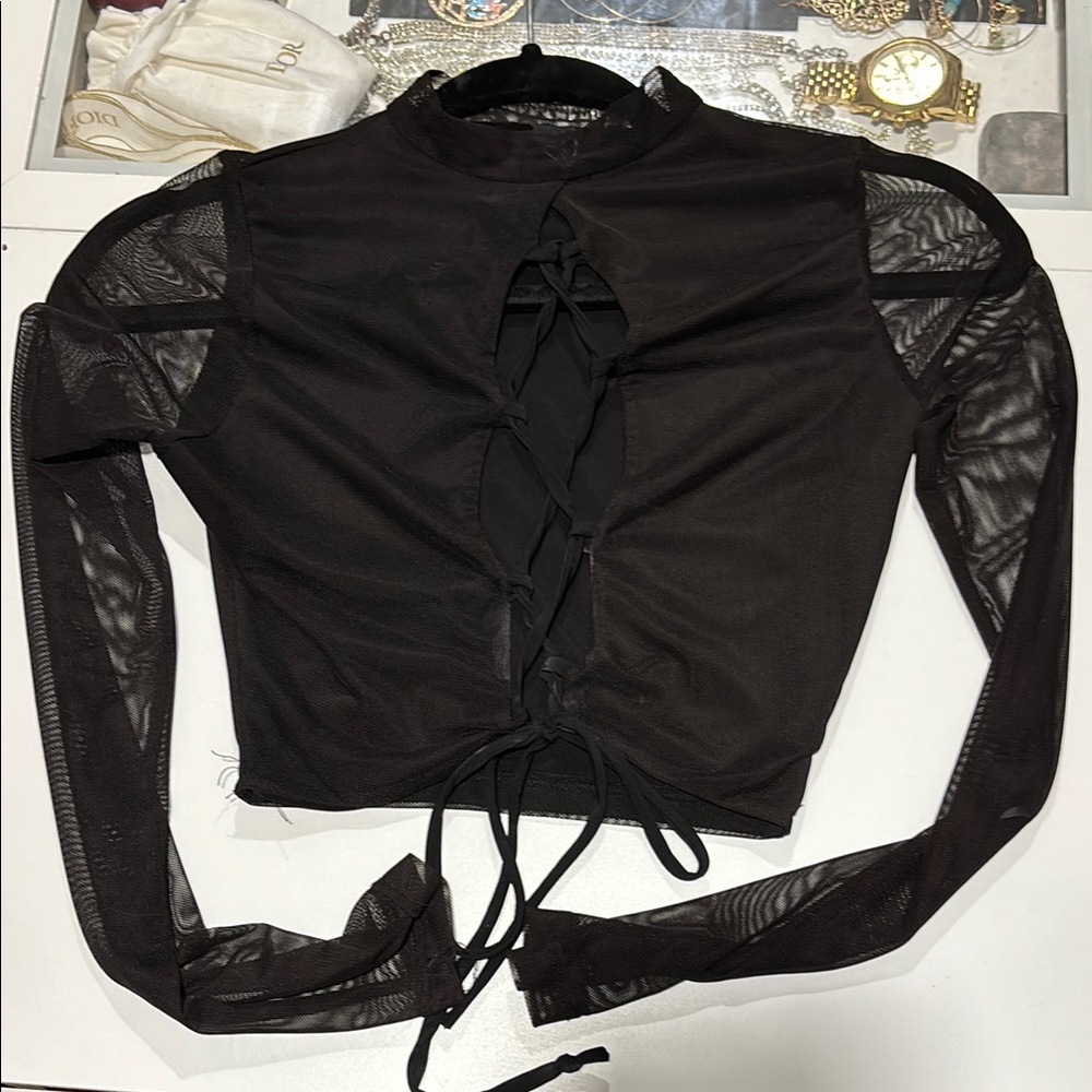 Windsor Black Sheer Lace-Up Blouse